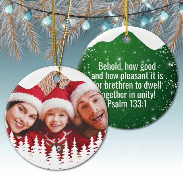 Religious Christian Scripture Divine Passage ⛪️ 🎄 Ceramic Ornament (Custom image Gospel Psalm 133:1 Religious Holiday Ceramic Devotional Ornament green star sparkle 🌲✞)