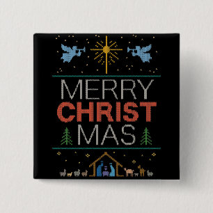 Religious Christian Ugly Merry Christmas Sweater 2 Inch Square Button