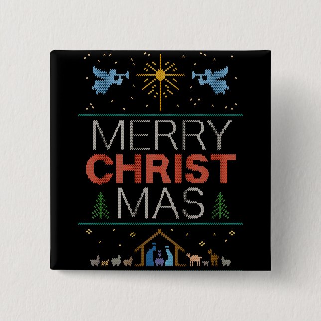 Religious Christian Ugly Merry Christmas Sweater 2 Inch Square Button (Front)