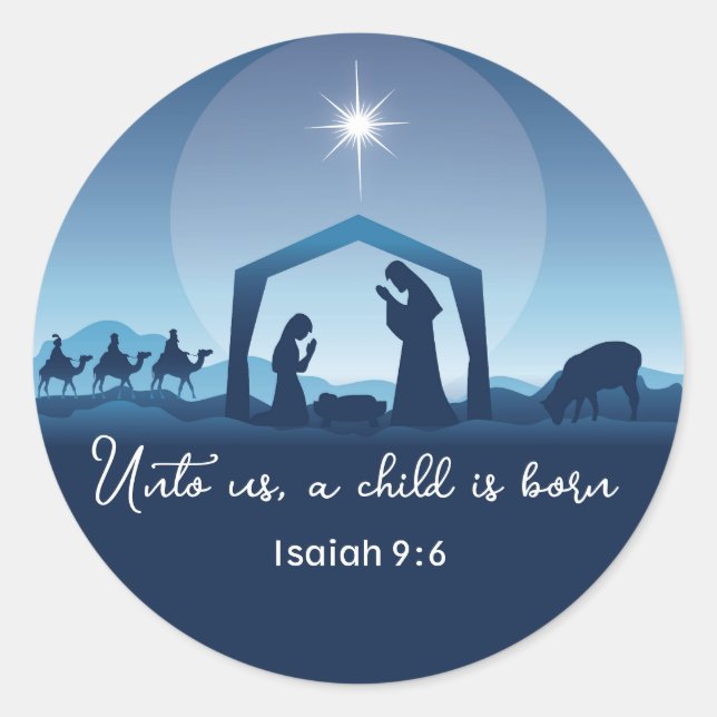 Religious Christmas Bible Verse Nativity Scene Classic Round Sticker (Front)