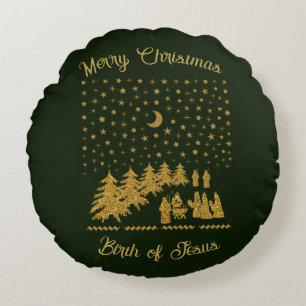 Religious Christmas, Birth of Jesus Round Pillow