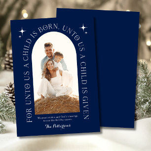 Religious Christmas Family Photo Blue Minimalist Holiday Card