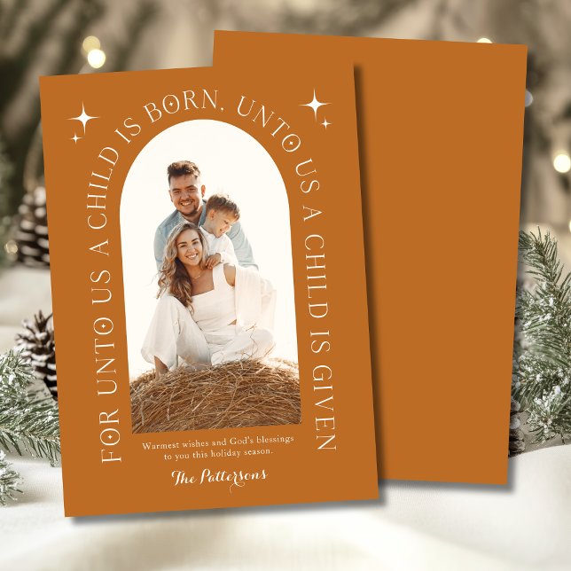 Religious Christmas Family Photo Minimalist Orange Holiday Card (Creator Uploaded)