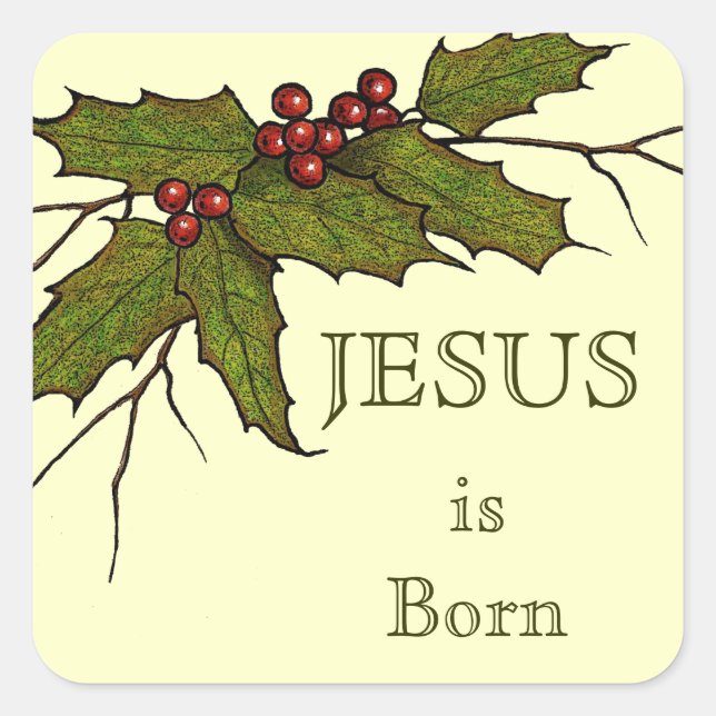 Religious Christmas, Jesus, Holly, Original Art Square Sticker (Front)