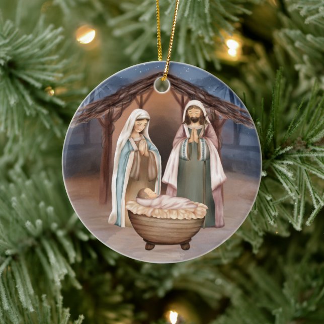 Religious Christmas Nativity Scene and Scripture Ceramic Ornament (Tree)