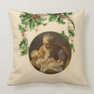 Religious Christmas St. Joseph  Baby Jesus Holly Throw Pillow