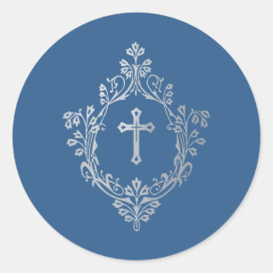 Religious Classic Blue Faux Silver Cross in Crest  Round Sticker