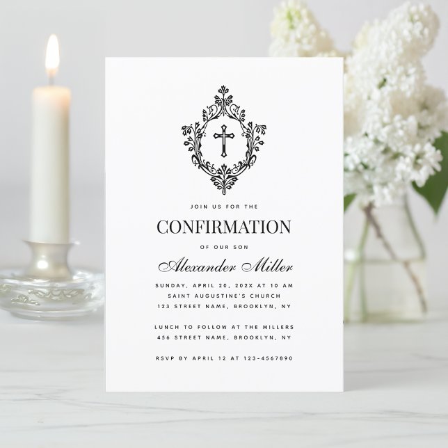 Religious Confirmation Black & White Vintage Crest Invitation (Creator Uploaded)