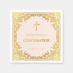 Religious Confirmation Girl Pink Faux Gold Cross Napkin