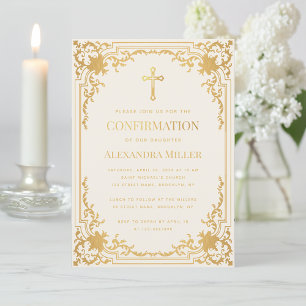 Religious Confirmation Ivory Faux Gold Vintage  Invitation