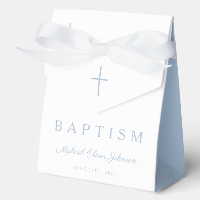 Religious Cross Baby Blue Script Boy Baptism  Favor Box (Front)