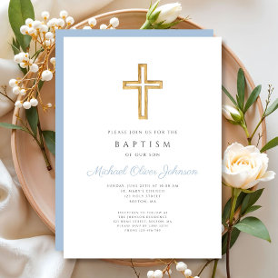 Religious Cross Baby Blue Script Boy Baptism Invitation