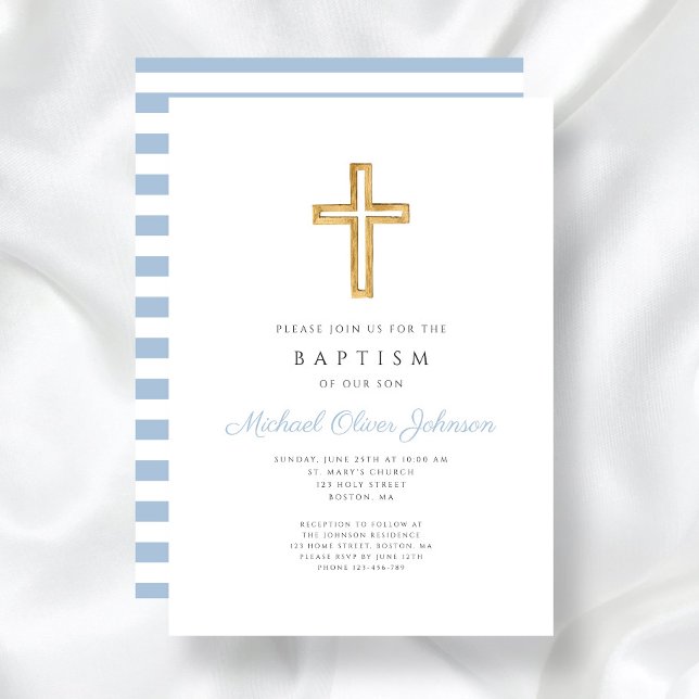 Religious Cross Baby Blue Script Boy Baptism Invitation (Religious Cross Baby Blue Script Boy Baptism Invitation)