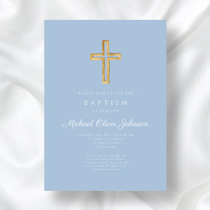 Religious Cross Baby Blue Script Boy Baptism Invitation