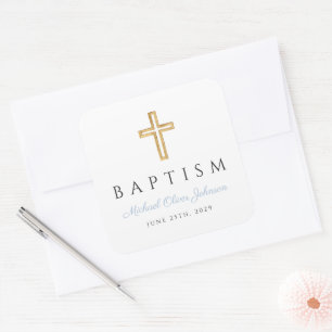 Religious Cross Baby Blue Script Boy Baptism Square Sticker