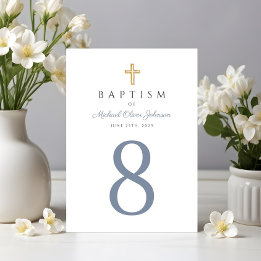 Religious Cross Blue Boy Baptism Table Number