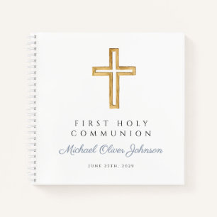 Religious Cross Blue Boy First Communion Guestbook Notebook