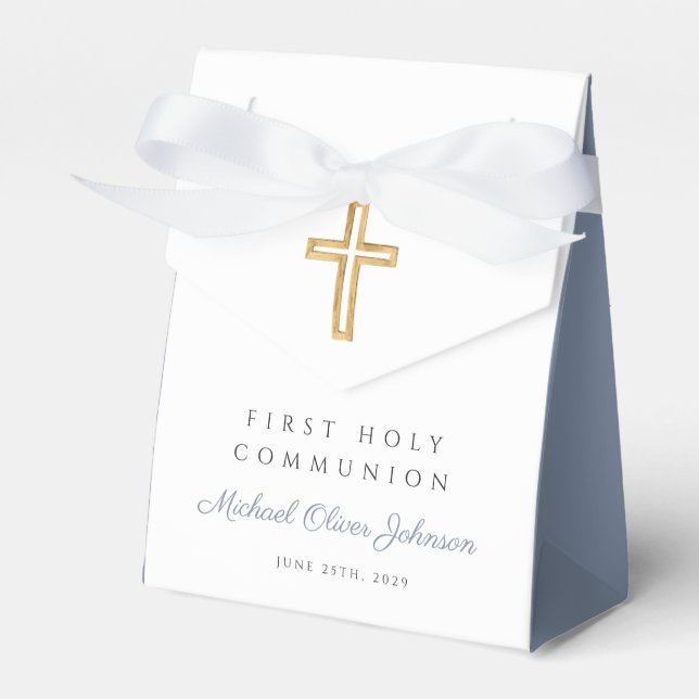 Religious Cross Boy Blue First Communion Favor Box (Front Side)