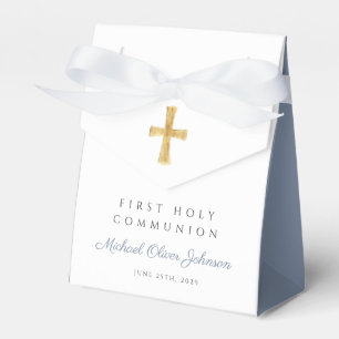Religious Cross Boy Dusty Blue First Communion Favor Box