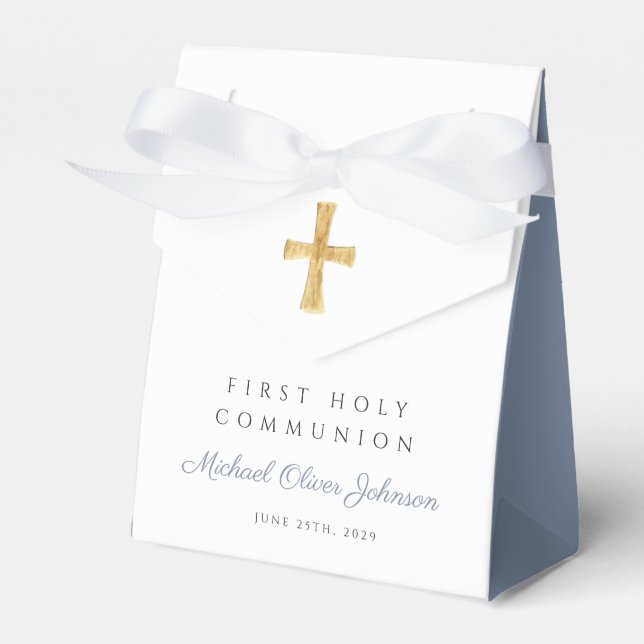 Religious Cross Boy Dusty Blue First Communion Favor Box (Front Side)