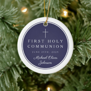 Religious Cross Boy First Communion Photo Ceramic Ornament