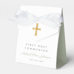Religious Cross Boy Sage Green First Communion Favor Box