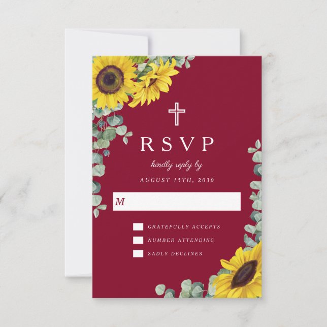 Religious Cross Burgundy Floral Sunflower Wedding RSVP Card (Front)