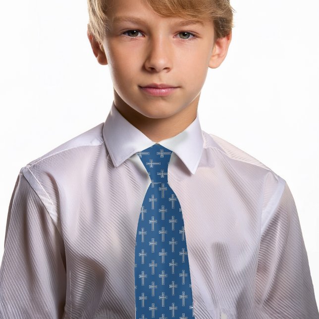 Religious Cross Classic Blue Faux Silver Communion Tie (Creator Uploaded)