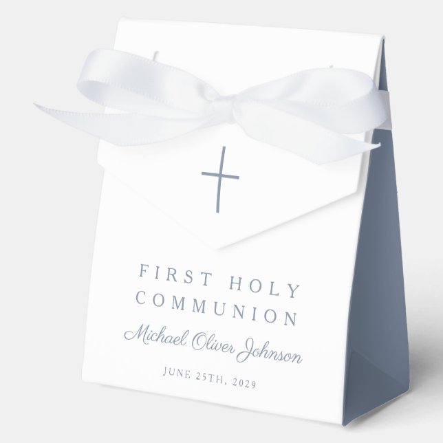 Religious Cross Dusty Blue Boy First Communion Favor Box (Front)