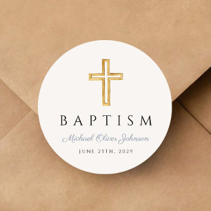 Religious Cross Dusty Blue Script Boy Baptism  Classic Round Sticker