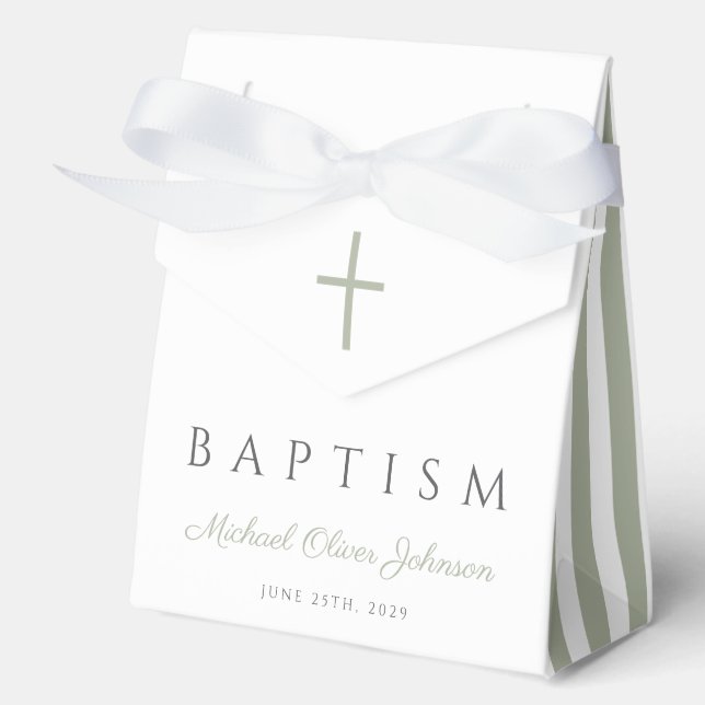 Religious Cross Dusty Blue Script Boy Baptism  Favor Box (Front)