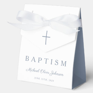 Religious Cross Dusty Blue Script Boy Baptism  Favor Box