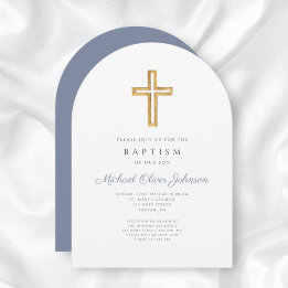 Religious Cross Dusty Blue Script Boy Baptism Invitation
