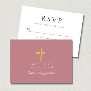 Religious Cross Dusty Pink Girl First Communion  RSVP Card