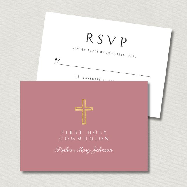 Religious Cross Dusty Pink Girl First Communion  RSVP Card (Religious Cross Dusty Pink Girl First Communion RSVP Card)