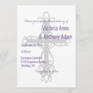 Religious Cross Elegant Christian Purple Wedding Invitation