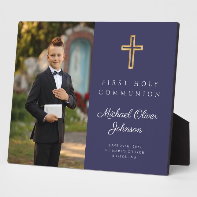 Religious Cross First Communion Boy Photo Blue Plaque (Side)