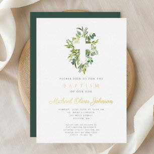 Religious Cross Green Botanical Baptism Gold