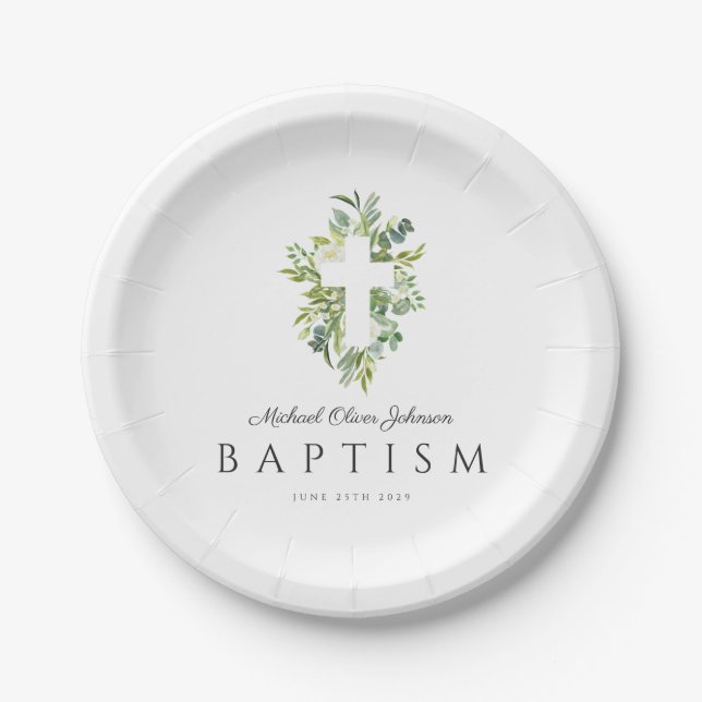 Religious Cross Green Botanical Baptism Paper Plate (Front)