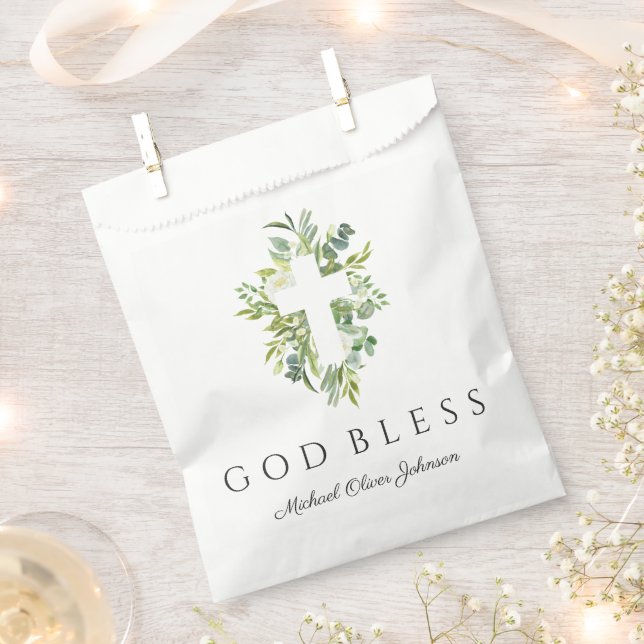 Religious Cross Green Botanical God Bless Baptism  Favour Bag (Clipped)