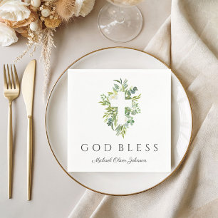 Religious Cross Green Botanical God Bless Baptism Napkin