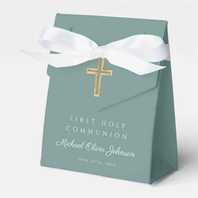 Religious Cross Green Boy First Communion Favor Box (Front Side)