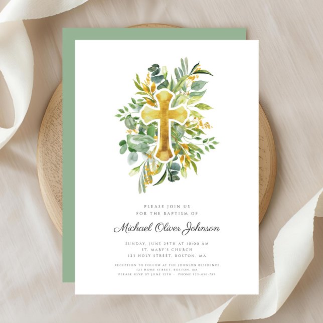 Religious Cross Greenery Botanical Baptism Invitation (Religious Cross Greenery Botanical Baptism Invitation)