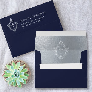 Religious Cross in Crest Navy Blue Faux Silver  Envelope