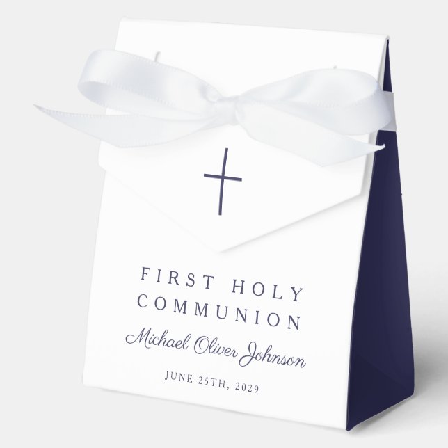 Religious Cross Navy Blue Boy First Communion Favor Box (Front)