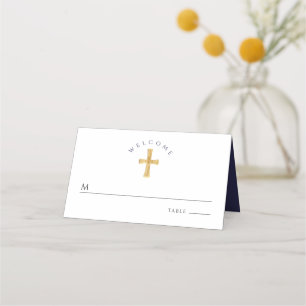 Religious Cross Navy Blue Boy First Communion  Place Card