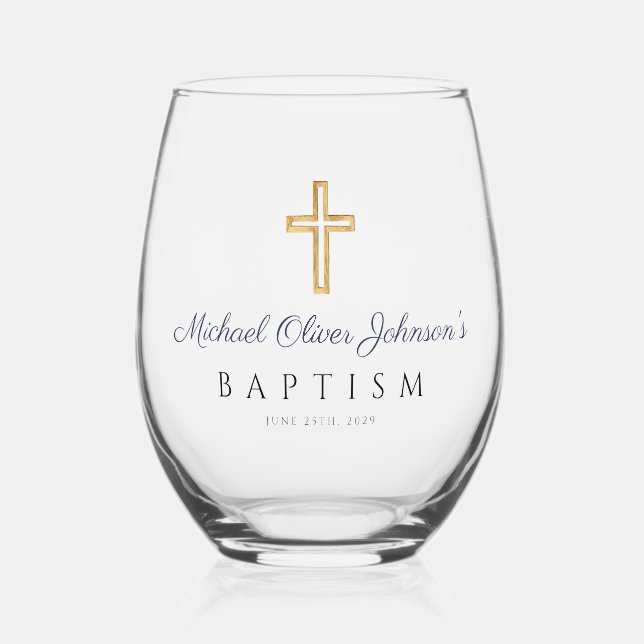 Religious Cross Navy Blue Script Boy Baptism Stemless Wine Glass (Front)