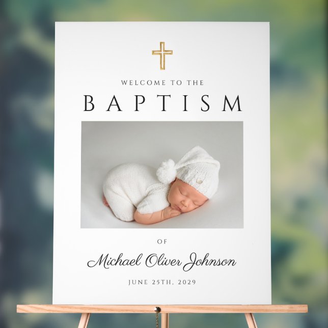 Religious Cross Photo Boy Baptism Welcome Acrylic Sign (Neutral)
