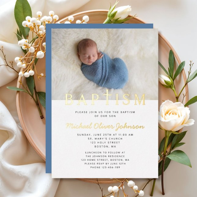 Religious Cross Photo Boy Blue Baptism Gold (Religious Cross Photo Boy Blue Baptism Gold Foil Invitation)