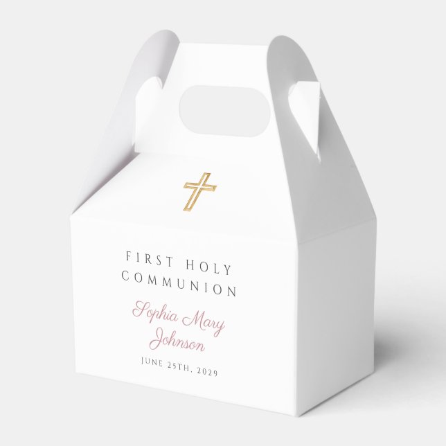 Religious Cross Pink Girl First Communion  Favor Box (Front Side)